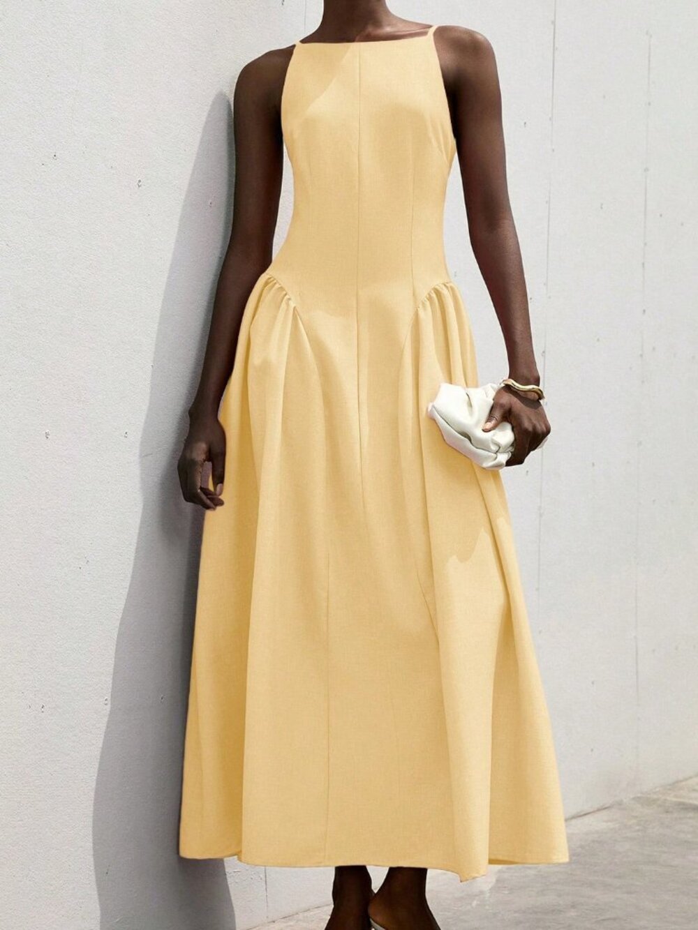 Yellow Casual Women's Shoulder-Baring Sleeveless High-Waisted Party Dress - Picture 5 of 5